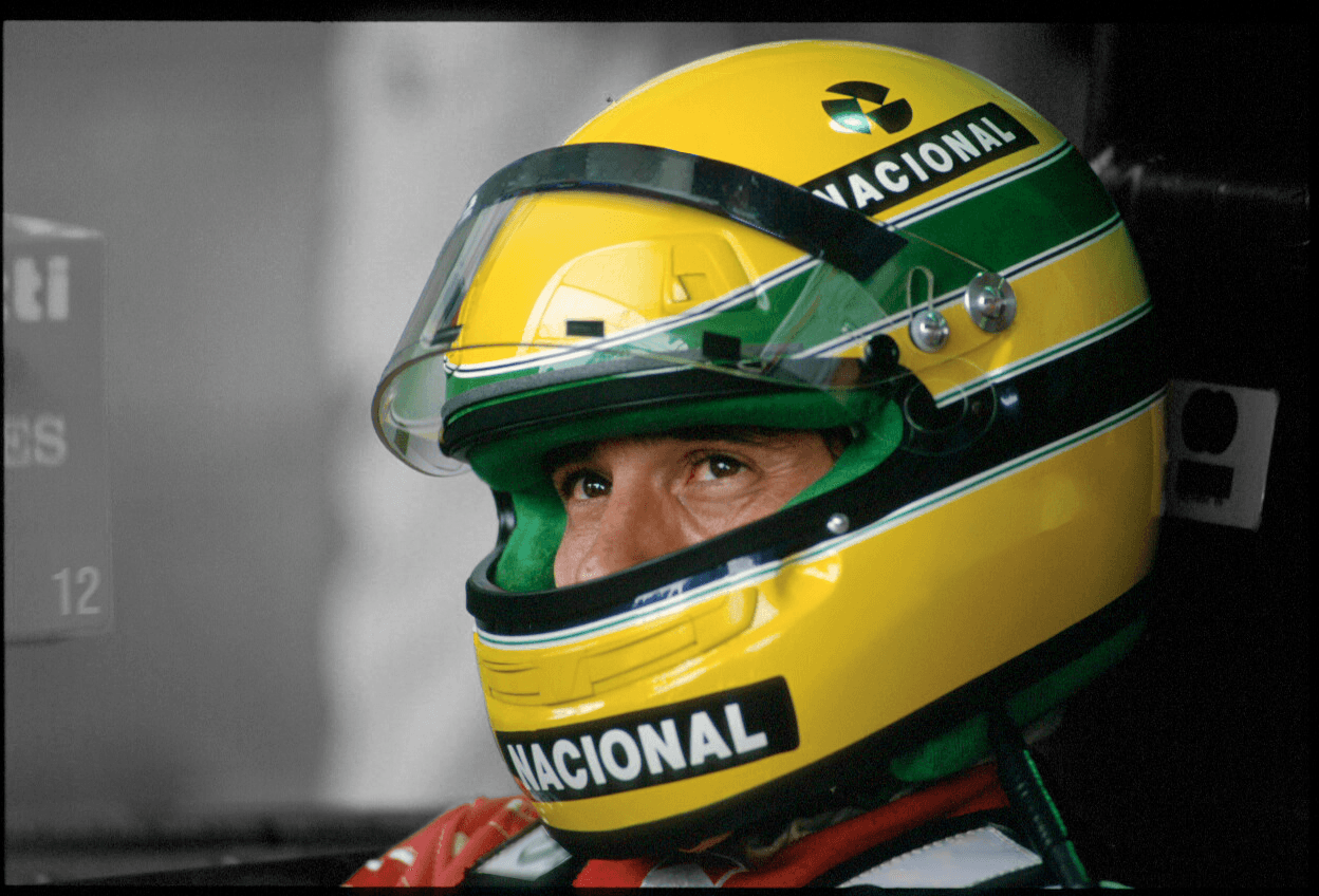 Ayrton Senna in his iconic yellow racing helmet
